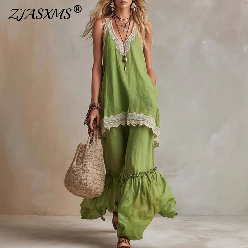 Lace Trim Cami - Setelan Wanita 2 Potong dengan Renda,