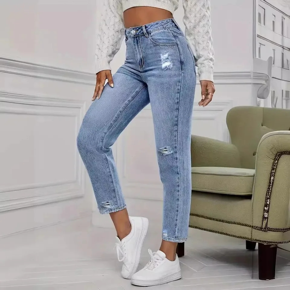 Mom Jeans Women - Celana Jeans Kasual Wanita Model Sobek
