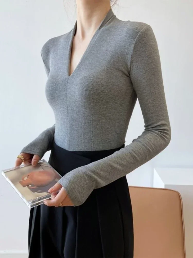 Women Fashion Blouse - Kemeja Slim V-neck Lengan Panjang Atasan
