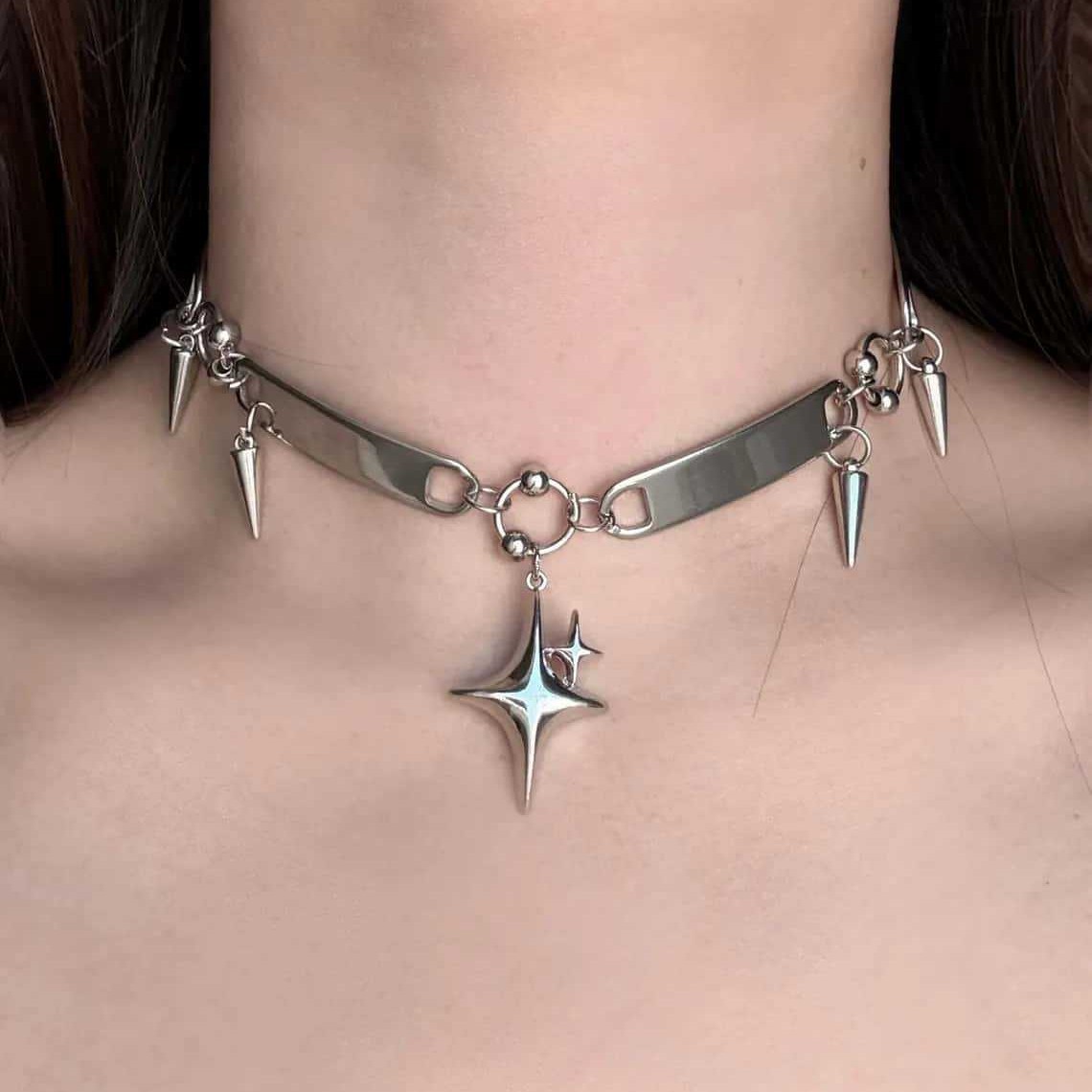 Women Fashion Necklace - Kalung Punk Star Riveted, Perhiasan Rock,