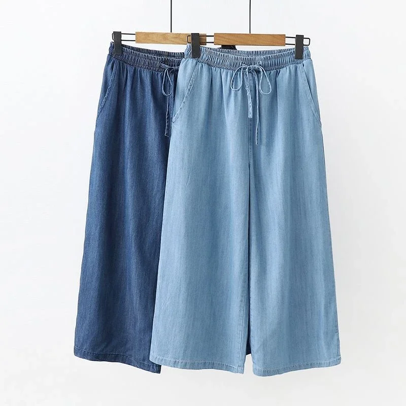 Mom Jeans Women - Celana Jeans Panjang Setengah Betis Biru