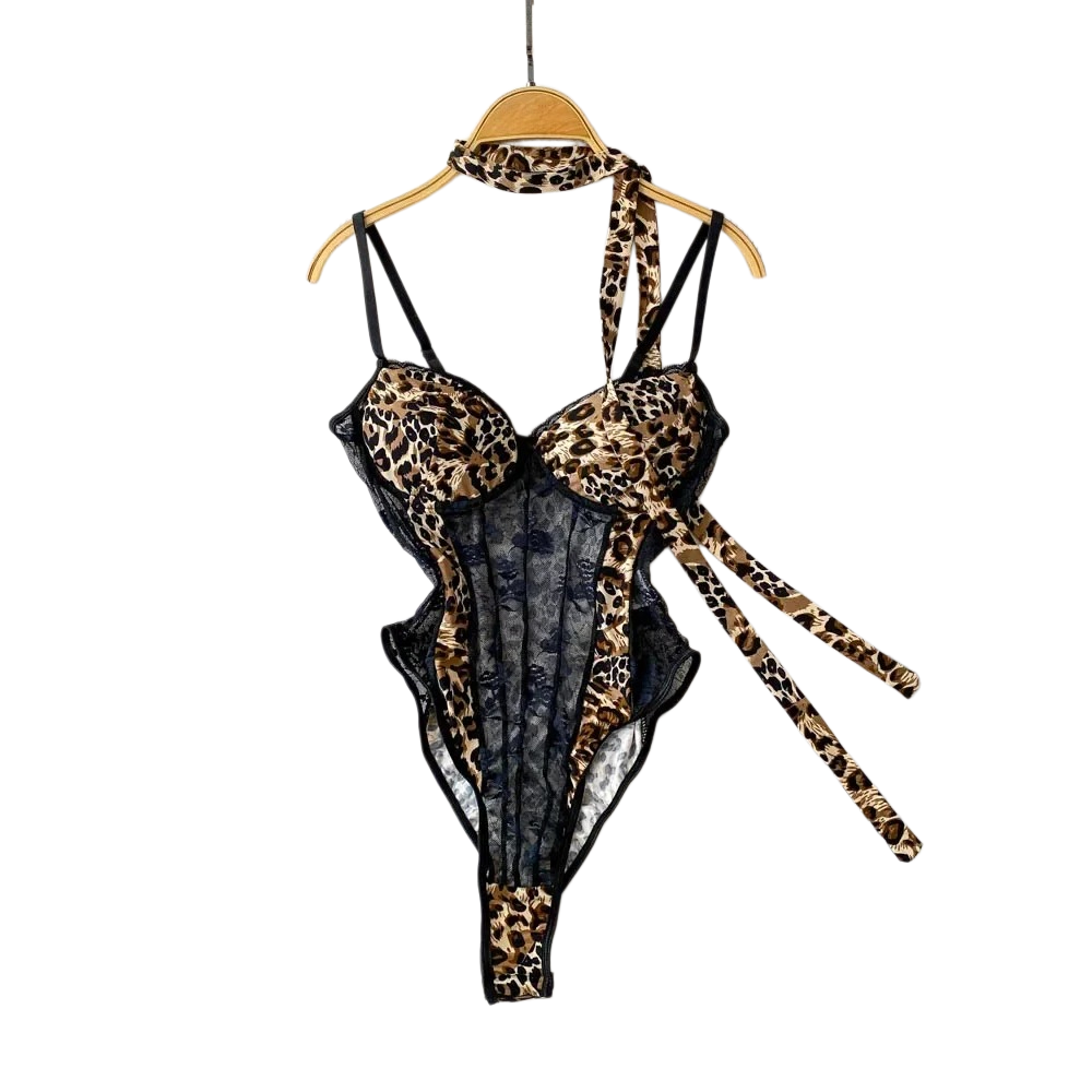 Women Fashion Necklace - Bodysuit wanita model V-neck motif leopard,