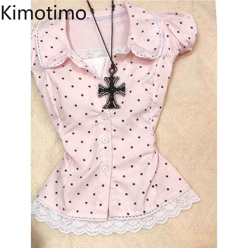Women'S Y2K Fashion Aesthetic - Kimotimo Kemeja Lengan Pendek Polka Dot