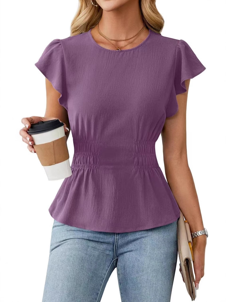 Women Fashion Blouse - Blus Wanita Lengan Pendek Berumbai, Kerah