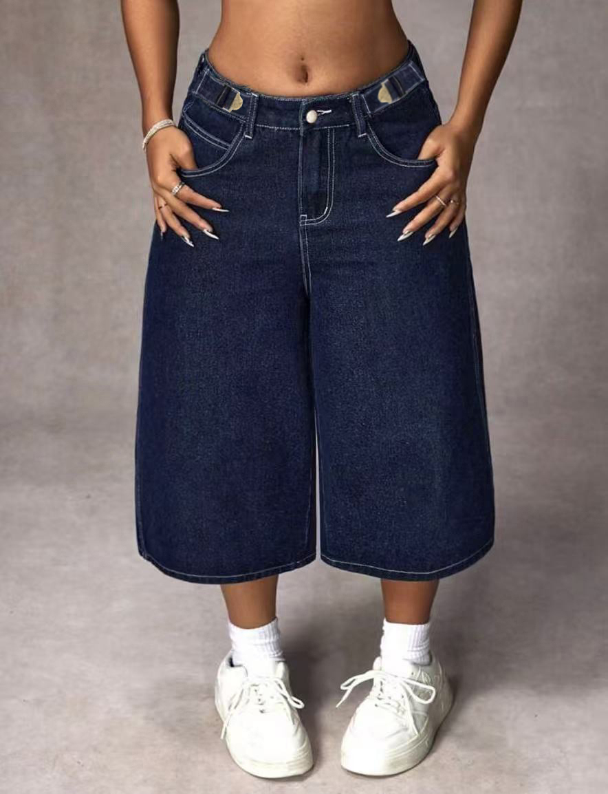 Mom Jeans Women - Celana Jeans Capri Biru Tua Retro