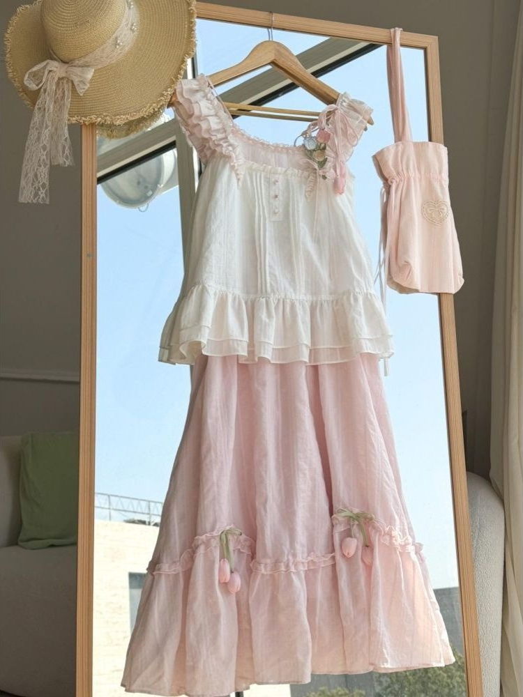 Lace Trim Cami - Set Dua Potong Dekorasi Tulip dengan