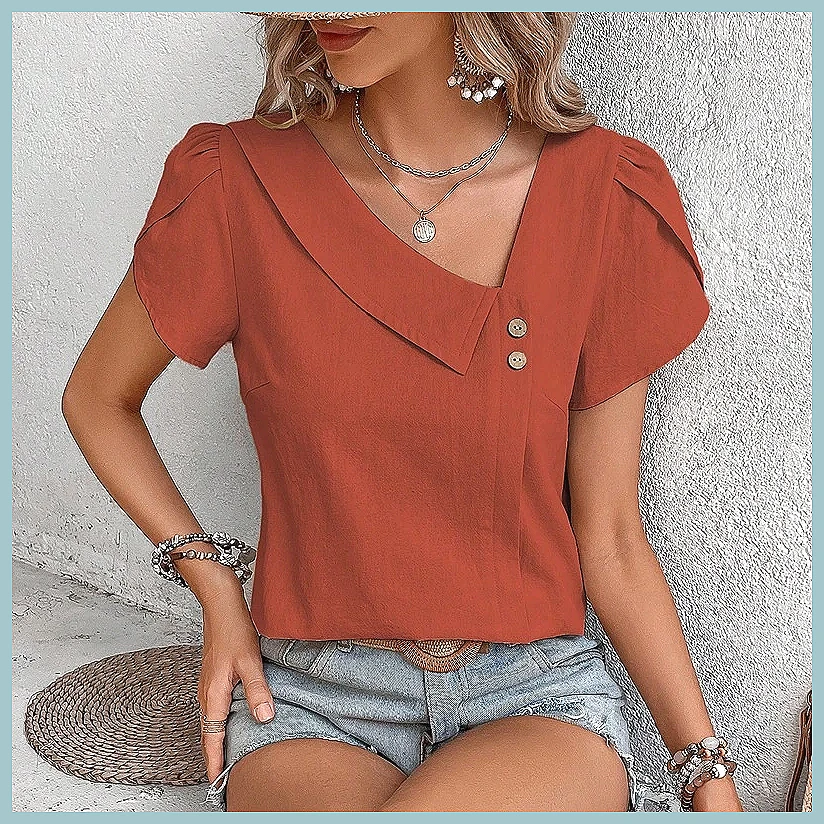 Women Fashion Blouse - Blus Warna Solid Vintage Musim Panas