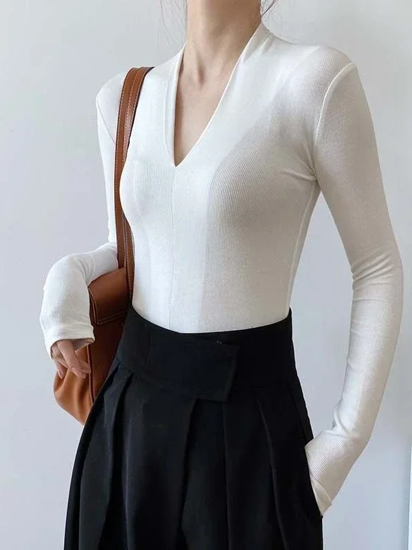 Kemeja Slim V-neck Lengan Panj - Women Fashion Blouse ulasan dan harga