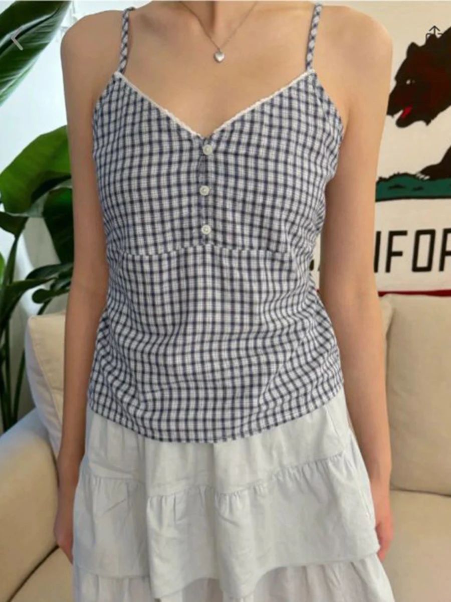 Celana pendek Tank kotak-kotak - Lace Trim Cami ulasan dan harga