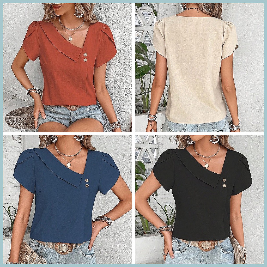 Blus Warna Solid Vintage Musim - Women Fashion Blouse ulasan dan harga